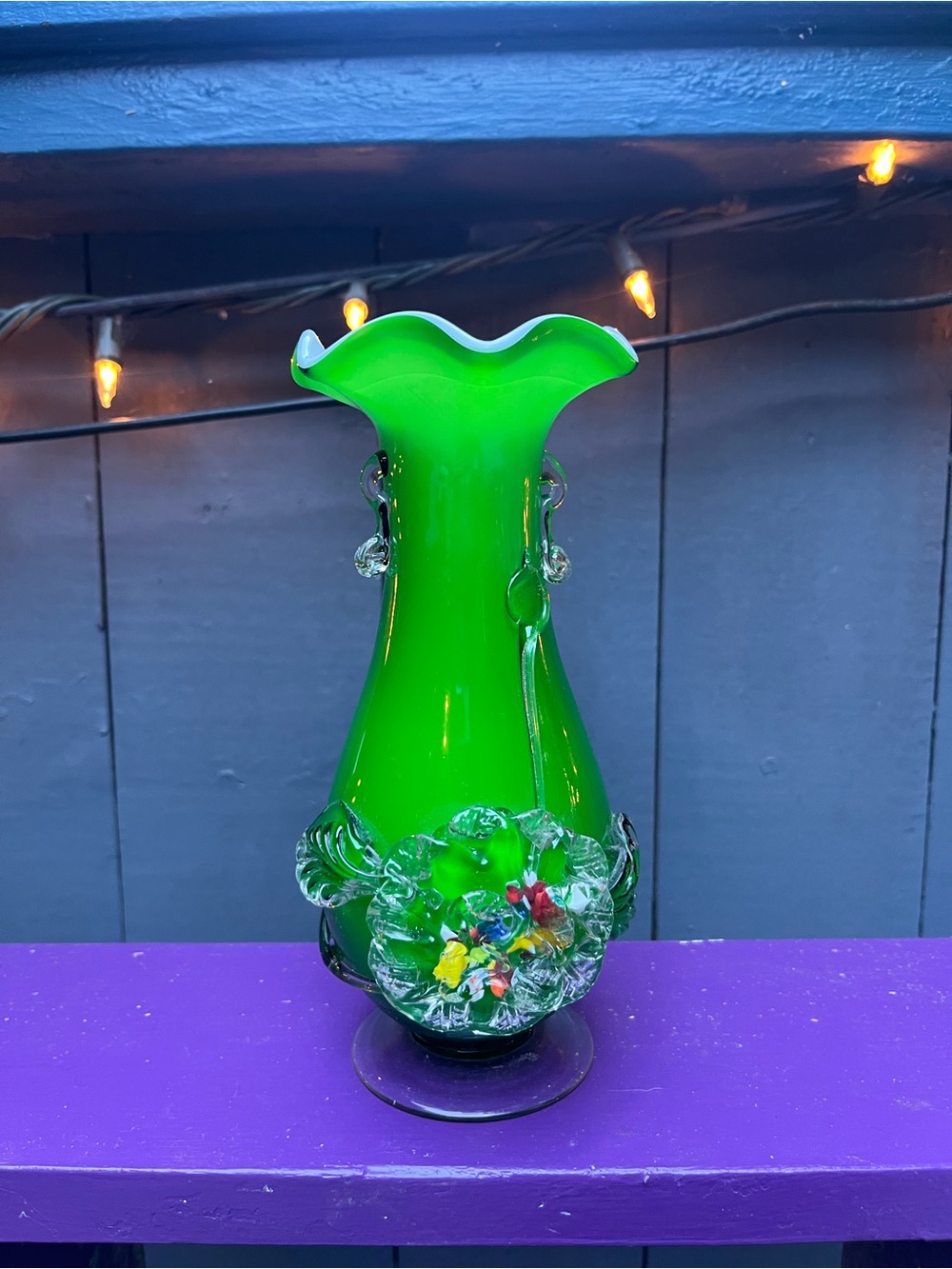 Vintage Murano Style (possibly authentic) Green Glass Vase Applied Flowers 8” - Picture 12 of 16